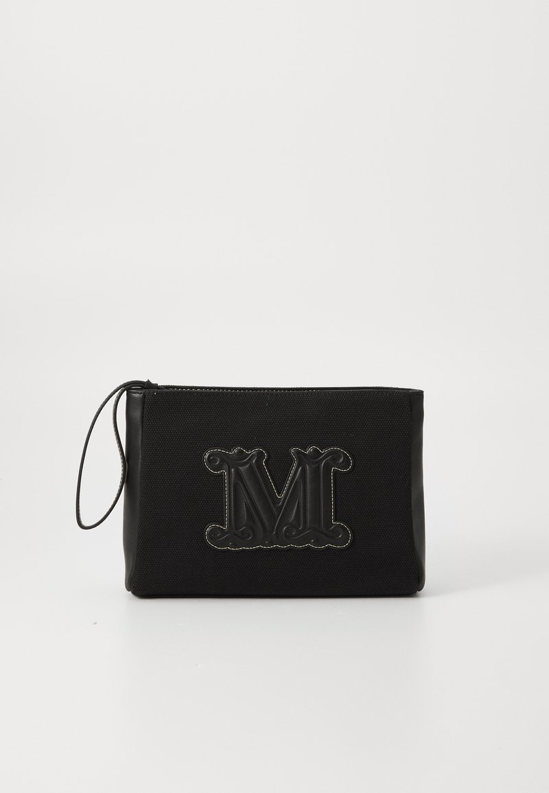 Black pouch made of a textured material. Features a prominent embossed "M" logo and has a zip closure with a loop for carrying.