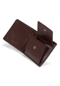 Brown leather wallet with multiple card slots, snap closure, and two compartments. Smooth texture and compact, rectangular design.