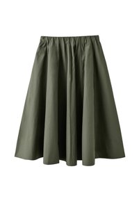 Jupe longueur genou vert olive avec taille élastique froncée et plis doux, en tissu lisse.