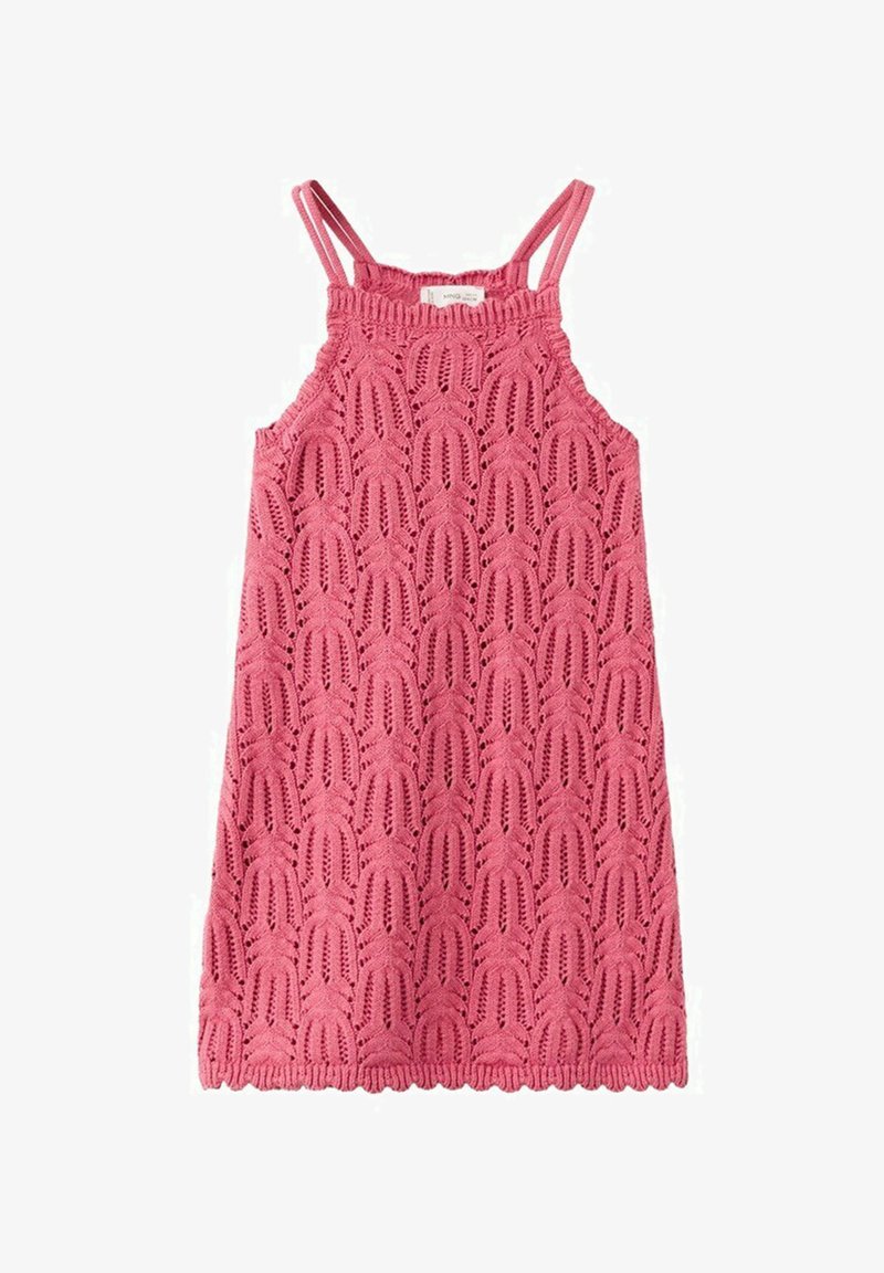 Różowa dzianinowa sukienka bez rękawów z podwójnymi cienkimi ramiączkami i falistym dołem, wykonana z teksturowanego geometrycznego wzoru koronkowego.