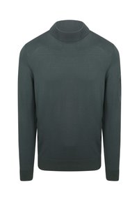 Donkergroene trui met hoge geribbelde kraag, lange mouwen en een nauwsluitende zoom. Glad oppervlak, minimalistisch ontwerp, zonder zichtbare patronen.