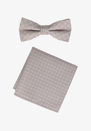 Bow tie and pocket square set in pink with intricate geometric patterns, featuring blue accents and a textured fabric finish.