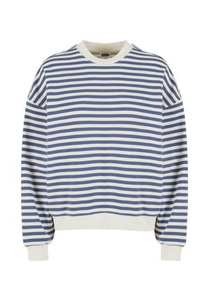 Striped sweatshirt featuring horizontal blue and white stripes, ribbed collar and cuffs, relaxed fit, and soft cotton material.