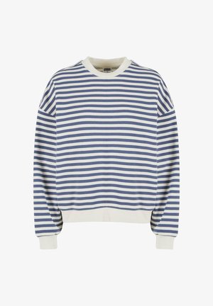 Sweter z paskami w poziome niebieskie i białe paski, ściągacz przy kołnierzu i mankietach, luźny krój oraz miękki materiał bawełniany.