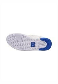 White sole with textured surface and blue accents; features a logo imprint and curved heel design for traction and stability.