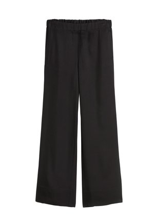 Pantalons noirs à jambes larges avec une texture lisse et une taille élastique. Présentent un ourlet propre et un design simple, adaptés à diverses occasions.