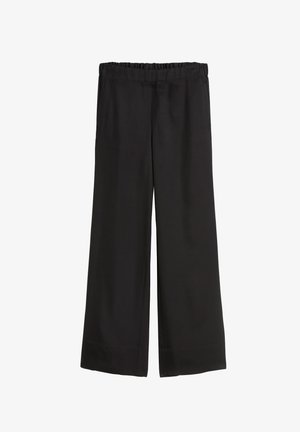 Czarne spodnie o szerokich nogawkach z gładką teksturą i elastycznym pasem. Charakteryzują się czystym dołem i prostym wzornictwem, odpowiednie na różne okazje.