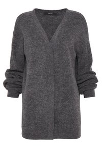 Gilet en tricot gris charbon avec un col en V, des épaules tombantes et des poignets retroussés. Texture douce et design à l'avant ouvert.