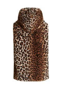 Ponczo z kapturem w wzór lamparta, w odcieniach brązu i kremu, charakteryzujące się miękką fakturą i luźnym krojem.