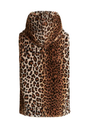Poncho con cappuccio in peluche a stampa leopardata in tonalità di marrone e crema, caratterizzato da una texture morbida e una silhouette rilassata.