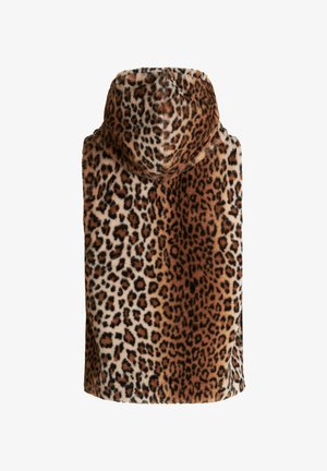 Ponczo z kapturem w wzór lamparta, w odcieniach brązu i kremu, charakteryzujące się miękką fakturą i luźnym krojem.