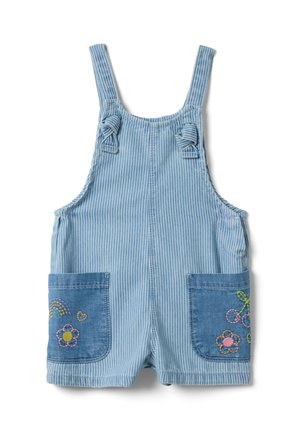 Peto para niño pequeño a rayas azul claro con tirantes anudados en los hombros y bolsillos delanteros azul oscuro bordados con flores, cerezas y un arcoíris.