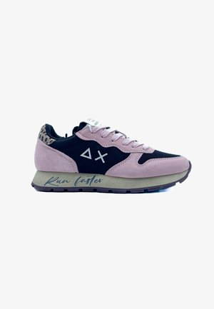 Pink and black sneaker with suede and mesh materials. Features a leopard print accent, flat laces, and "Run faster" text on the sole.