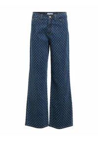 Vaqueros de pierna ancha en denim oscuro con un patrón geométrico en tonos más claros. Corte acampanado, cintura alta y cierre de botón metálico.