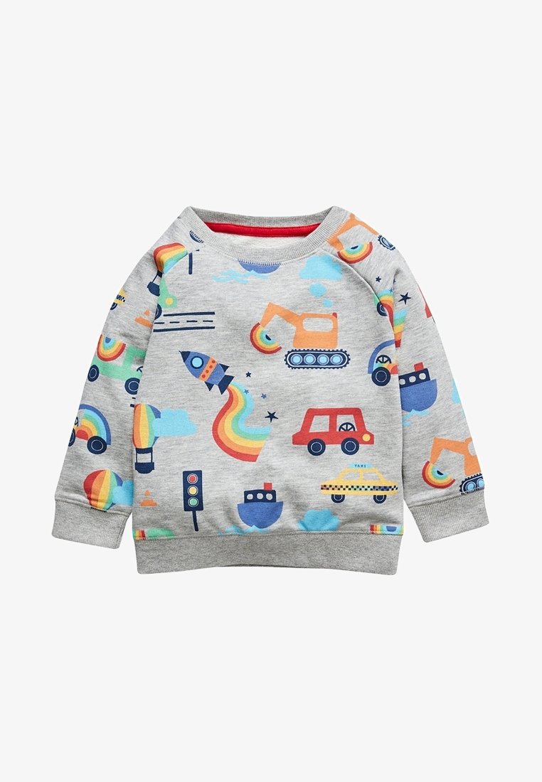 Sweat-shirt gris pour enfants avec des imprimés colorés de arcs-en-ciel, fusée, taxi, voiture, excavatrice, bateau, feu de circulation, nuages et étoiles.