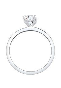 Silberner Verlobungsring mit einem runden, klaren Edelstein in einer sechzackigen Fassung; schlichte Band mit polierter Oberfläche.