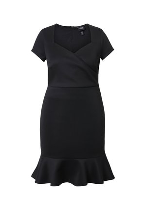 Abito nero con maniche corte, scollo a V, design avvolgente e orlo svasato. Realizzato in tessuto morbido, presenta una cerniera sul retro. Semplice ed elegante.