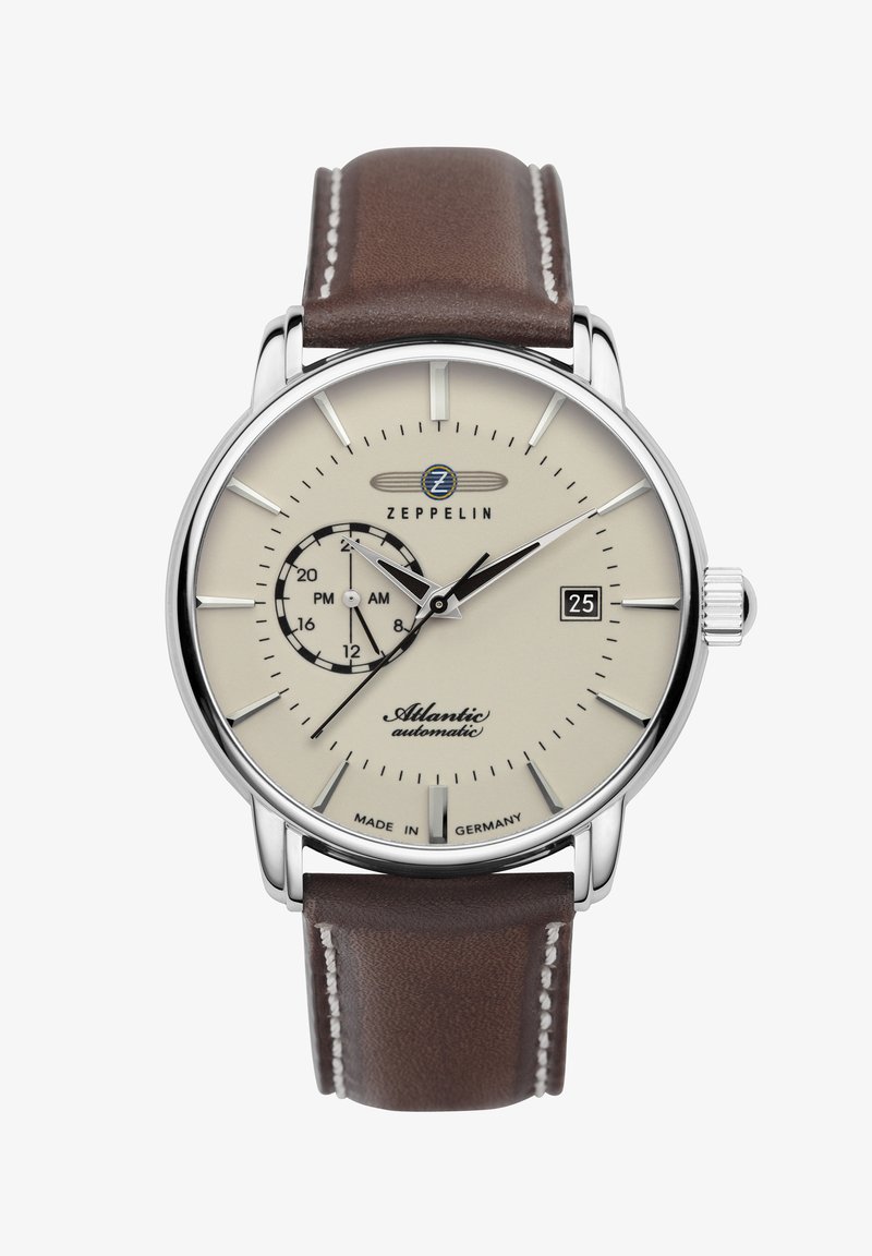Zeppelin Automatikuhr mit einem cremefarbenen Zifferblatt, silberfarbenen Zeigern, braunem Lederarmband und Datumsanzeige. Verfügt über ein rundes Gehäuse und eine Hilfsuhr.