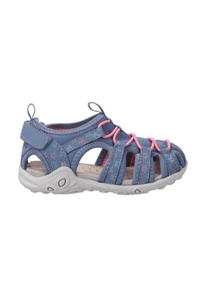 Sandalo blu con accenti rosa, design aperto, cinturini di supporto e suola in gomma texturizzata. Motivo floreale sul materiale superiore.