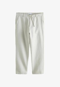 Pantalones casuales color beige claro con cintura ajustable mediante cordón, bolsillos laterales, trabillas para cinturón y perneras rectas.