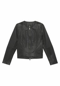 Giacca di pelle nera con collo rotondo, maniche lunghe, cuciture strutturate e chiusura frontale con zip. Texture liscia con un design aderente.