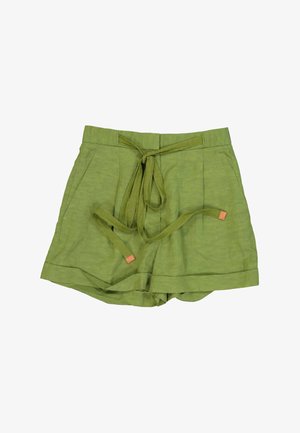 Shorts décontractés vert clair avec plis à l'avant, poches latérales et ceinture nouée assortie en tissu avec embouts marron.