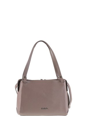 Borsa a mano in pelle grigia con forma strutturata, doppi manici e tracolla rimovibile. Presenta una superficie liscia e testurizzata e un accento logo in metallo.