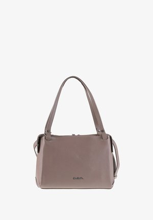 Borsa a mano in pelle grigia con forma strutturata, doppi manici e tracolla rimovibile. Presenta una superficie liscia e testurizzata e un accento logo in metallo.