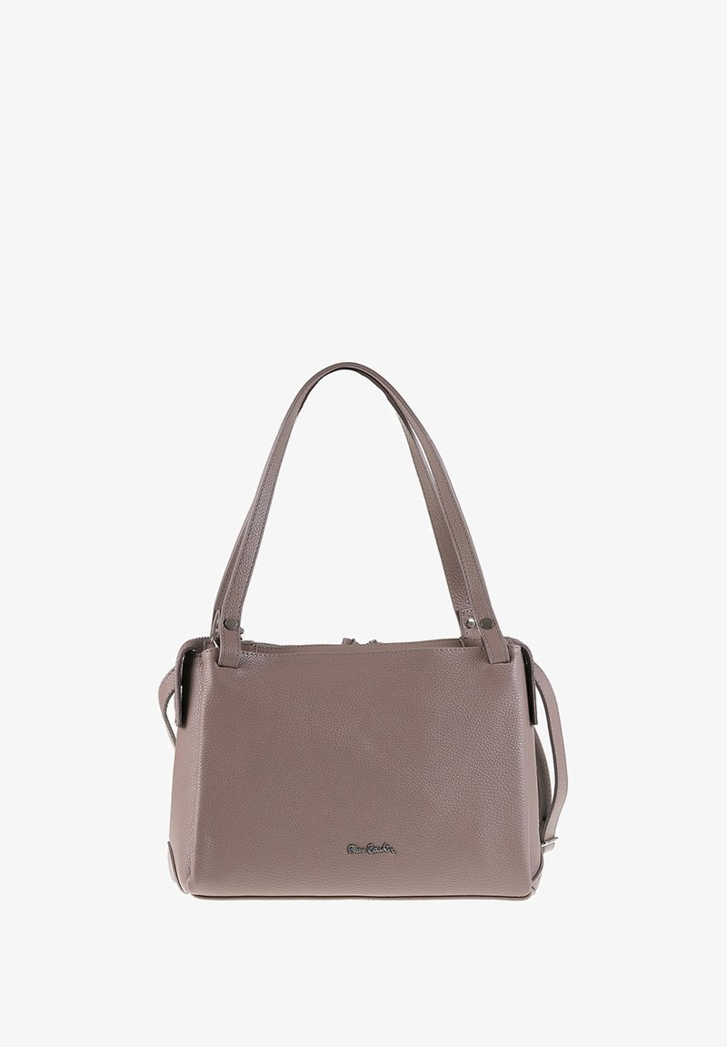 Borsa a mano in pelle grigia con forma strutturata, doppi manici e tracolla rimovibile. Presenta una superficie liscia e testurizzata e un accento logo in metallo.