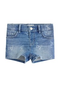 Jeansshorts i ljusblått med urblekta fjärilmönster, med framfickor, bälteshällor och en silverknappslås i midjan.