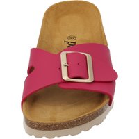 Sandalo a scivolo fucsia con una fascia larga e una fibbia dorata. Soletta sagomata marrone e suola esterna bianca texturizzata.