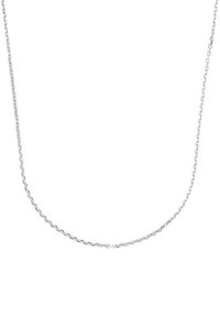 Collana color argento caratterizzata da un design di catena sottile e delicata con anelli ovali intrecciati, texture liscia e leggero lucido.