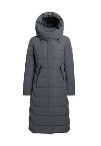 Manteau d'hiver matelassé gris foncé, avec un col rembourré haut, une capuche, des poches à fermeture éclair à l'avant et une coupe longue.