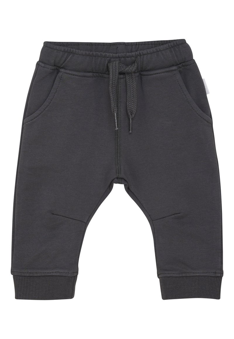 Donkergrijze sweatpants met een trekkoord in de taille, twee voorkruiszakken, geribbelde boorden en een gladde stofstructuur.