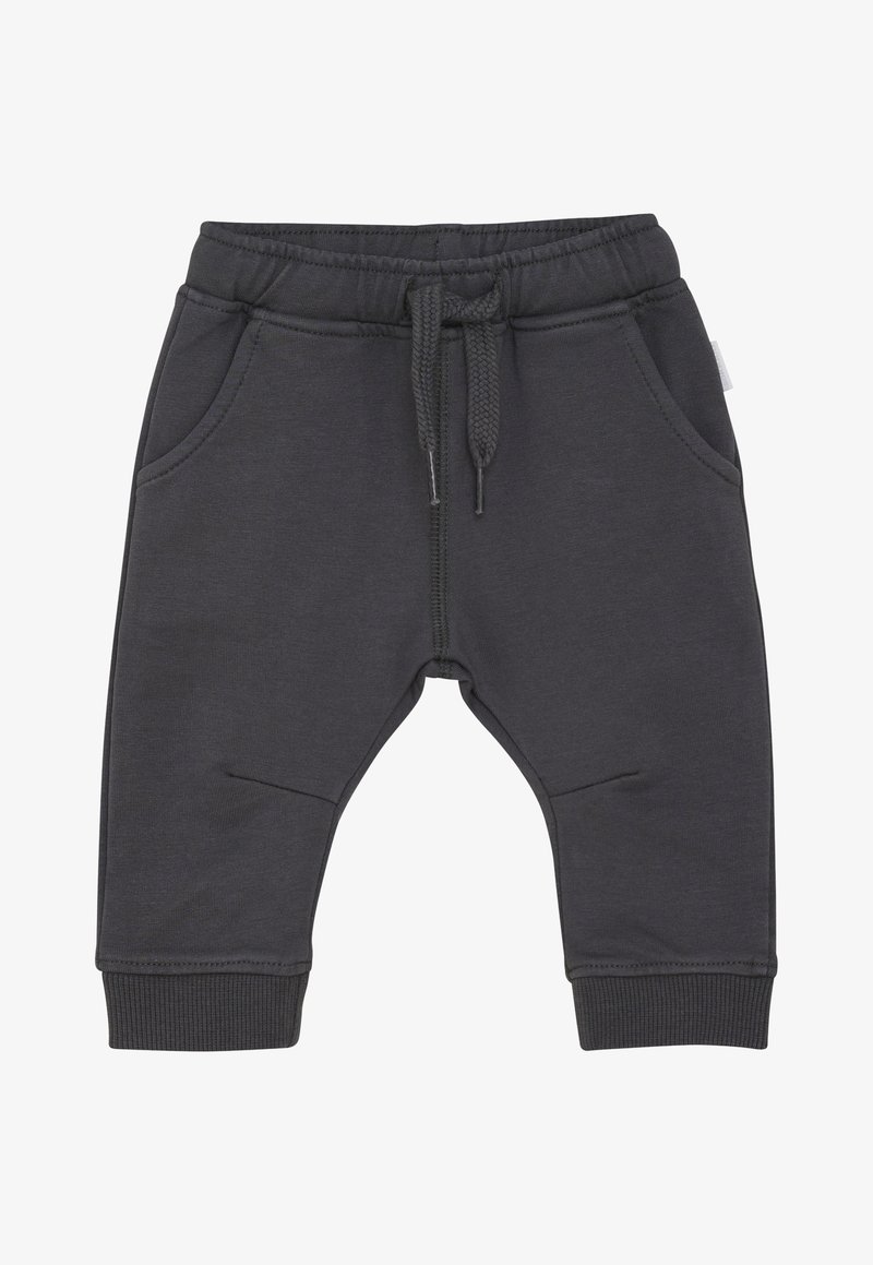 Donkergrijze sweatpants met een trekkoord in de taille, twee voorkruiszakken, geribbelde boorden en een gladde stofstructuur.