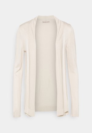 Light beige open-front long-sleeve cardigan with a soft drape and no buttons or zippers, displayed flat against a white background.