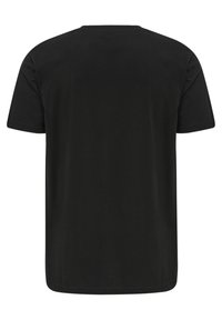 Black cotton short-sleeve t-shirt with a rounded neckline and a straight hem. The fabric appears soft with a smooth texture.