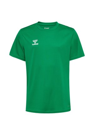 Camiseta deportiva verde de manga corta con cuello redondo y un pequeño logo blanco de hummel en el pecho izquierdo.