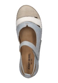 Blue and beige leather sandal with cut-out design, adjustable strap, and textured insole. Brand logo visible on the inner sole.