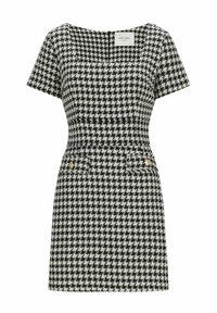 Schwarz-weißes Hahnentrittmuster-Kleid mit kurzen Ärmeln, quadratischem Ausschnitt, tailliertem Oberteil und zwei Vordertaschen mit goldenen Knöpfen.