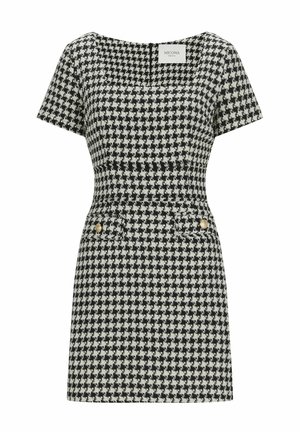 Schwarz-weißes Hahnentrittmuster-Kleid mit kurzen Ärmeln, quadratischem Ausschnitt, tailliertem Oberteil und zwei Vordertaschen mit goldenen Knöpfen.
