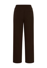 Pantalon marron foncé à jambes larges avec poches passepoilées au dos et une taille ajustée, vu de dos sur fond blanc.
