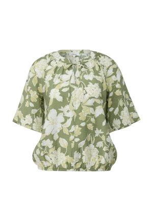 Grüne Bluse mit weißem und hellgelbem Blumenmuster, kurzen Ärmeln, rundem Ausschnitt mit Bindeband und elastischem Saum.