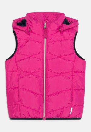 Pink ærmeløs polstret vest med frontlynlås og høj krave, med aftagelig hætte og sort kant ved ærmegab.