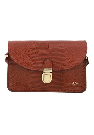 Hnědá texturovaná kožená kabelka s klopovým uzávěrem, zlatými kovovými prvky a embosovaným logem. Kompaktní design s pevným tvarem.