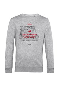 Šedá mikina s grafickým motivem mapy, červenými akcenty, souřadnicemi a textem "DURHAM MOUNTAINEERING", kulatým výstřihem a dlouhými rukávy.