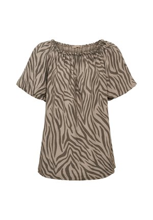 Kortærmet bluse med bred halsudskæring og brunt zebra-stribemønster på beige stof.