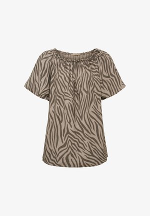 Kortærmet bluse med bred halsudskæring og brunt zebra-stribemønster på beige stof.