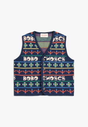 Wool prsluk s tamnoplavom osnovom s višebojnim uzorcima, uključujući tekst i geometrijske dizajne; prednja strana s četiri dugmeta, v-izrez.