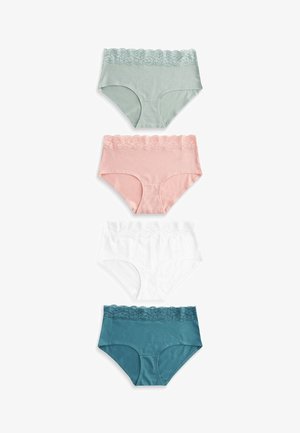 Neli paari naiste aluspükse, millel on pitsäär. Värvid hõlmavad mündiroheline, pehme roosa, valge ja tumedat teal.